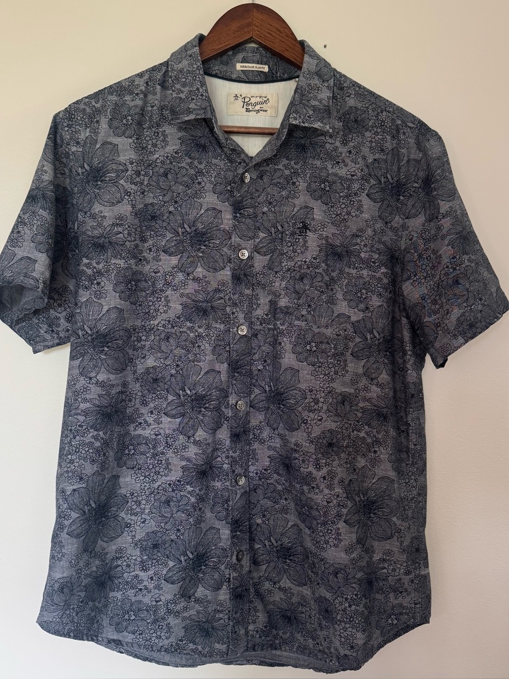 Original Penguin Navy and Gray Floral Short Sleeve Button-Down Shirt